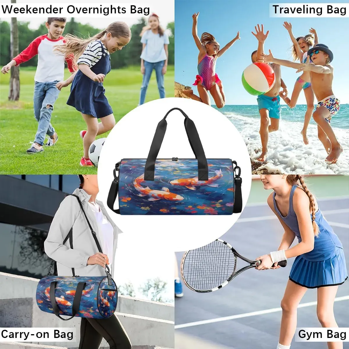 Gym Bags for Men Women Fish Oil Painting Sports Duffel Bags Carry On Travel Duffle Bag with Detachable Adjustable Shoulder Strap Overnight Weekender Bag