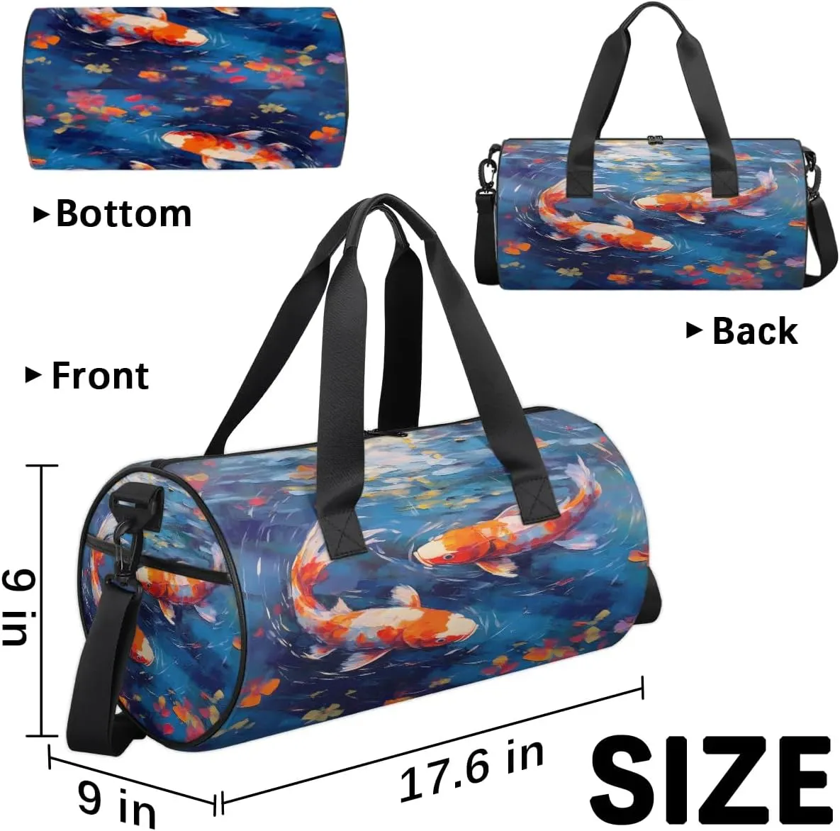 Gym Bags for Men Women Fish Oil Painting Sports Duffel Bags Carry On Travel Duffle Bag with Detachable Adjustable Shoulder Strap Overnight Weekender Bag