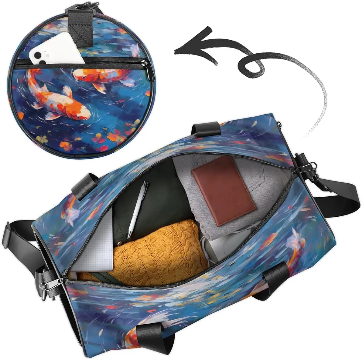 Gym Bags for Men Women Fish Oil Painting Sports Duffel Bags Carry On Travel Duffle Bag with Detachable Adjustable Shoulder Strap Overnight Weekender Bag