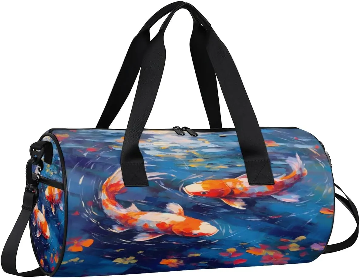 Gym Bags for Men Women Fish Oil Painting Sports Duffel Bags Carry On Travel Duffle Bag with Detachable Adjustable Shoulder Strap Overnight Weekender Bag