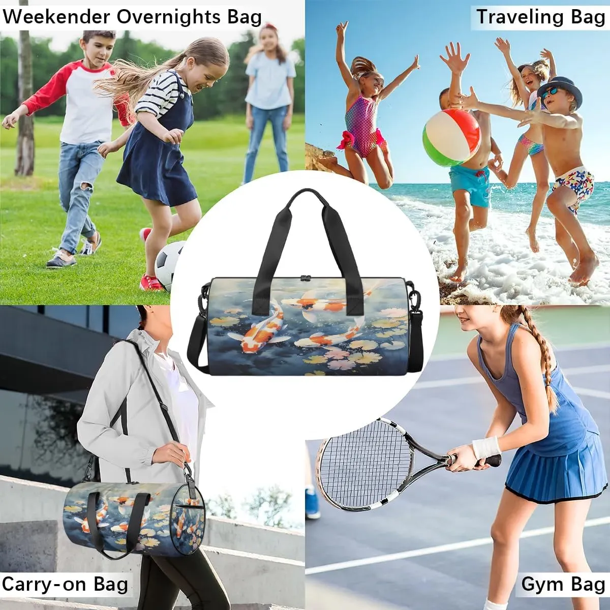 Gym Bags for Men Women Fish Pond Sports Duffel Bags Carry On Travel Duffle Bag with Detachable Adjustable Shoulder Strap Overnight Weekender Bag