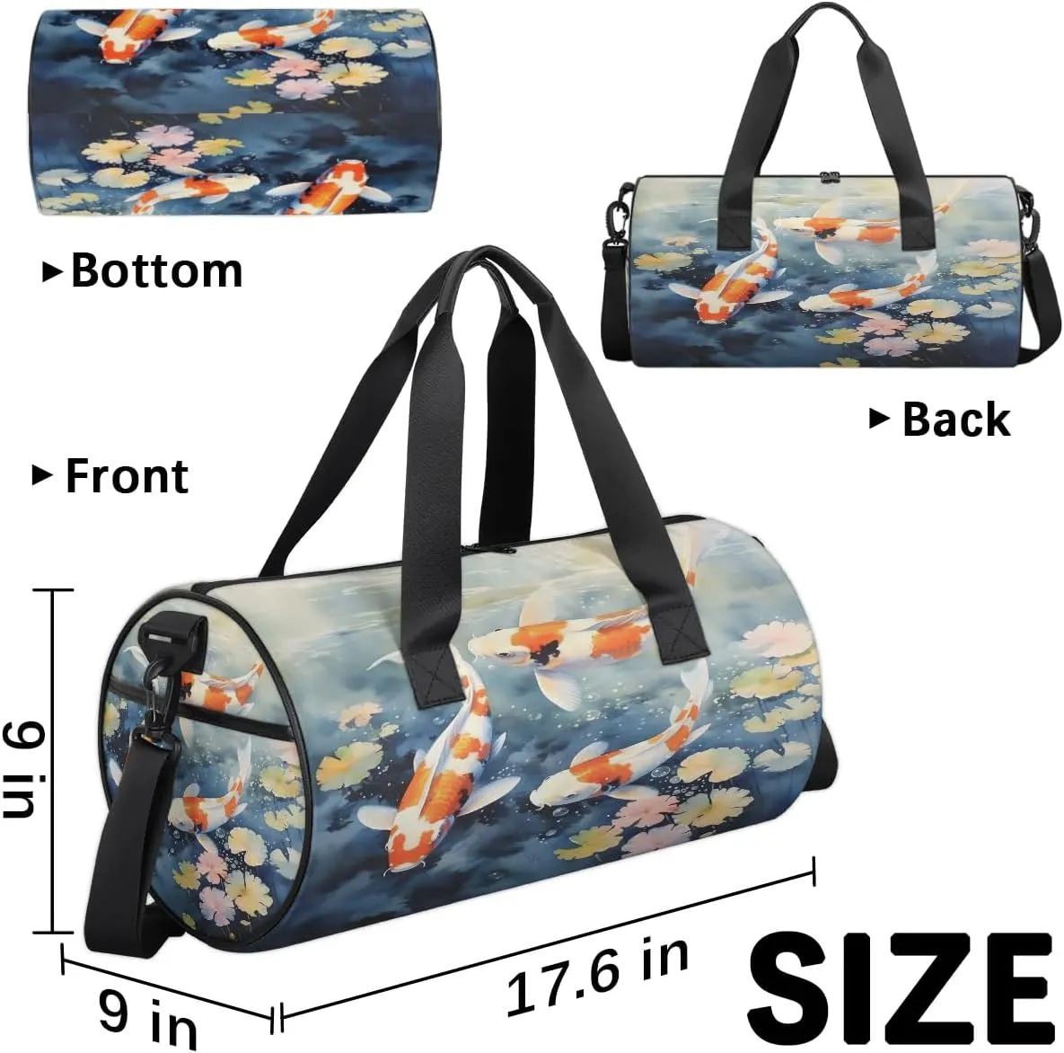 Gym Bags for Men Women Fish Pond Sports Duffel Bags Carry On Travel Duffle Bag with Detachable Adjustable Shoulder Strap Overnight Weekender Bag