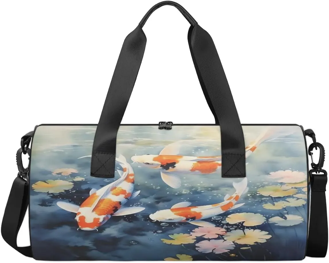 Gym Bags for Men Women Fish Pond Sports Duffel Bags Carry On Travel Duffle Bag with Detachable Adjustable Shoulder Strap Overnight Weekender Bag