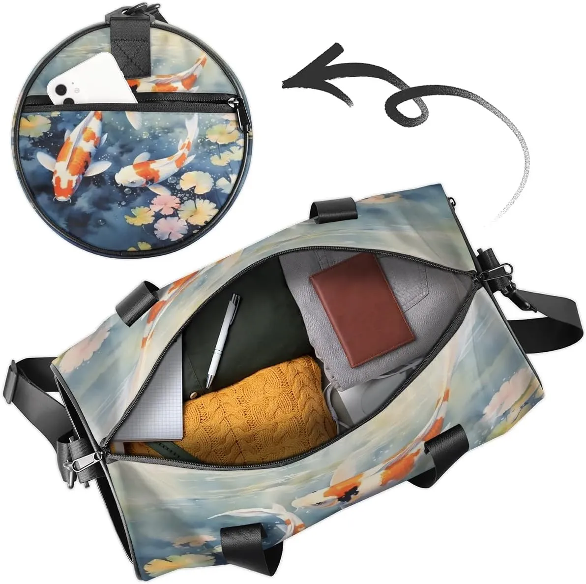 Gym Bags for Men Women Fish Pond Sports Duffel Bags Carry On Travel Duffle Bag with Detachable Adjustable Shoulder Strap Overnight Weekender Bag