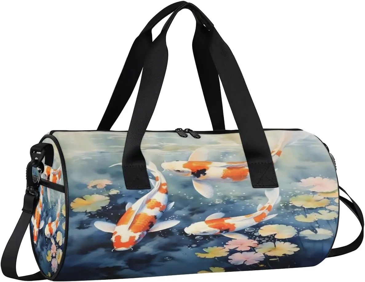 Gym Bags for Men Women Fish Pond Sports Duffel Bags Carry On Travel Duffle Bag with Detachable Adjustable Shoulder Strap Overnight Weekender Bag