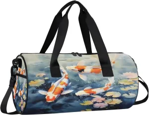 Gym Bags for Men Women Fish Pond Sports Duffel Bags Carry On Travel Duffle Bag with Detachable Adjustable Shoulder Strap Overnight Weekender Bag