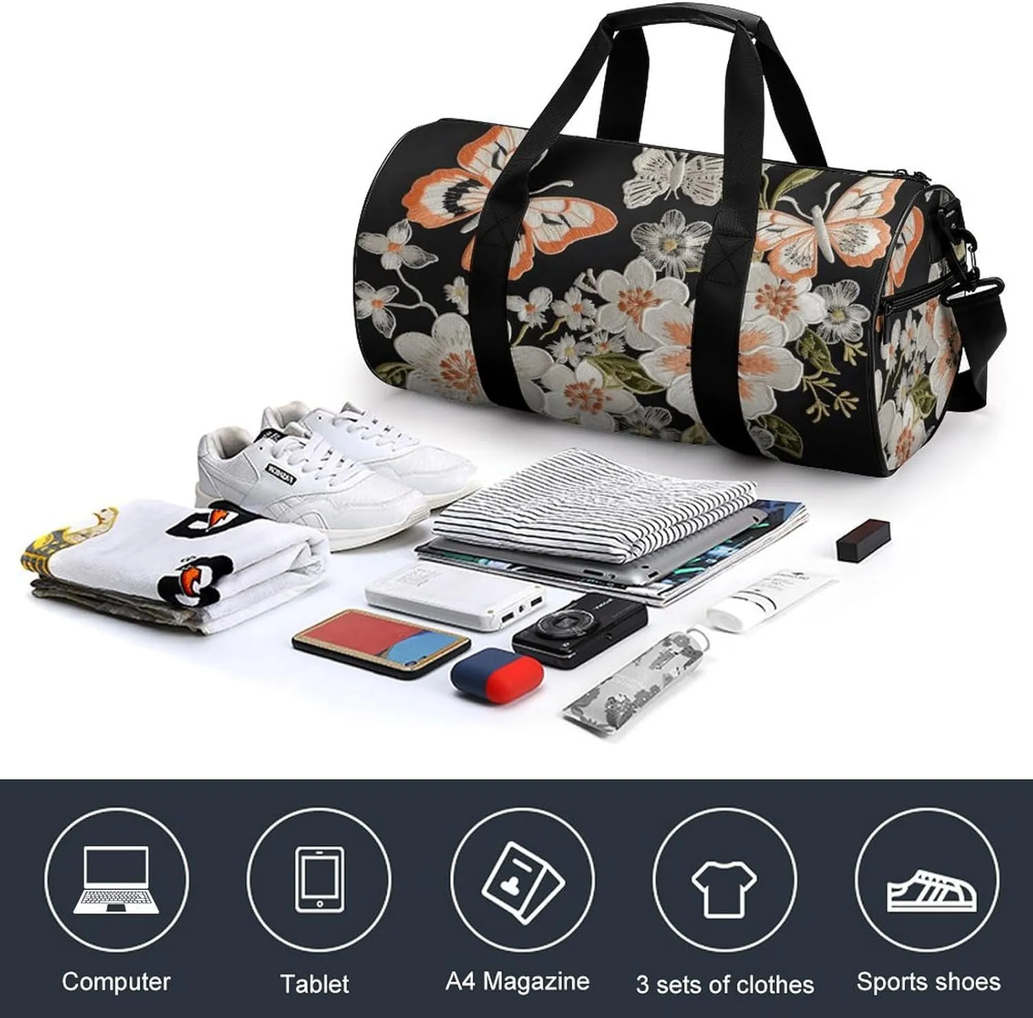 Gym Bags for Men Women Flowers And Butterflie Duffle Bag Travel Overnight Bag with Shoe Compartment Tote Bags