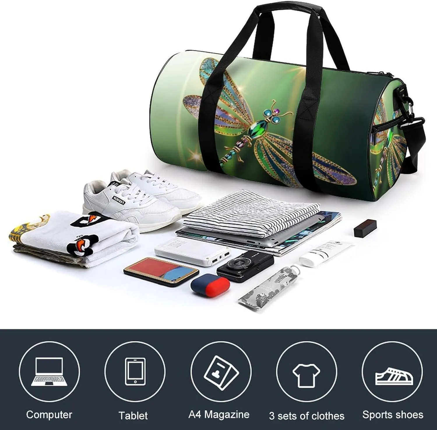 Gym Bags for Men Women Jewel Dragonfly Duffle Bag Travel Overnight Bag with Shoe Compartment Tote Bags