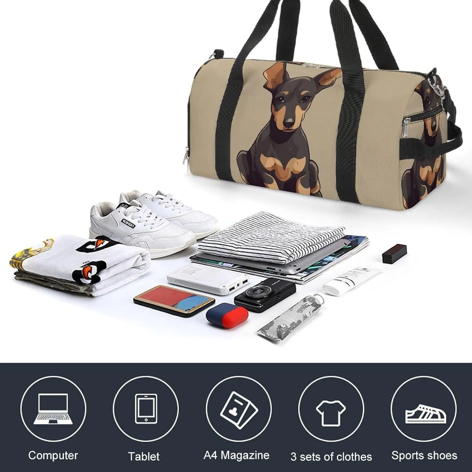 Gym Bags Small Doberman Puppy with Erect Ears Duffel Bag Overnight Bag with Shoe Compartment Carryon Bag for Men Women