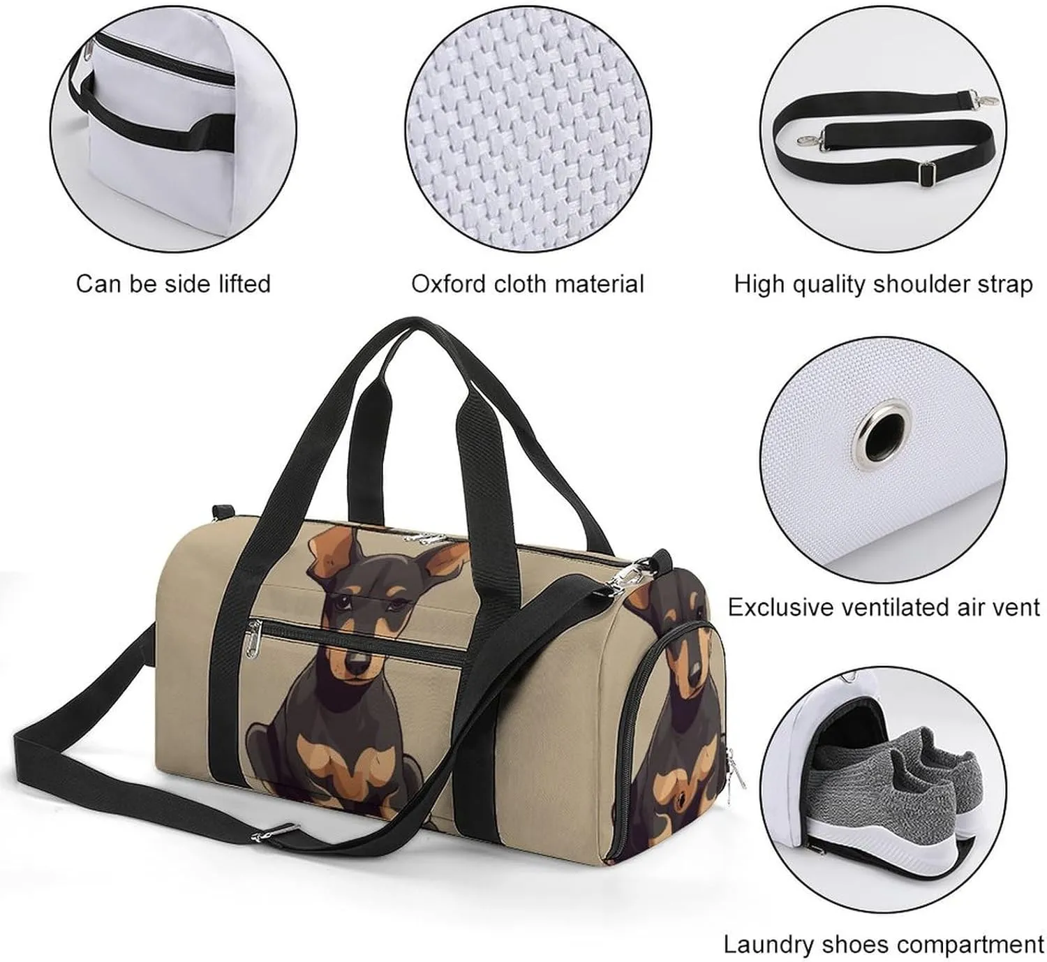 Gym Bags Small Doberman Puppy with Erect Ears Duffel Bag Overnight Bag with Shoe Compartment Carryon Bag for Men Women