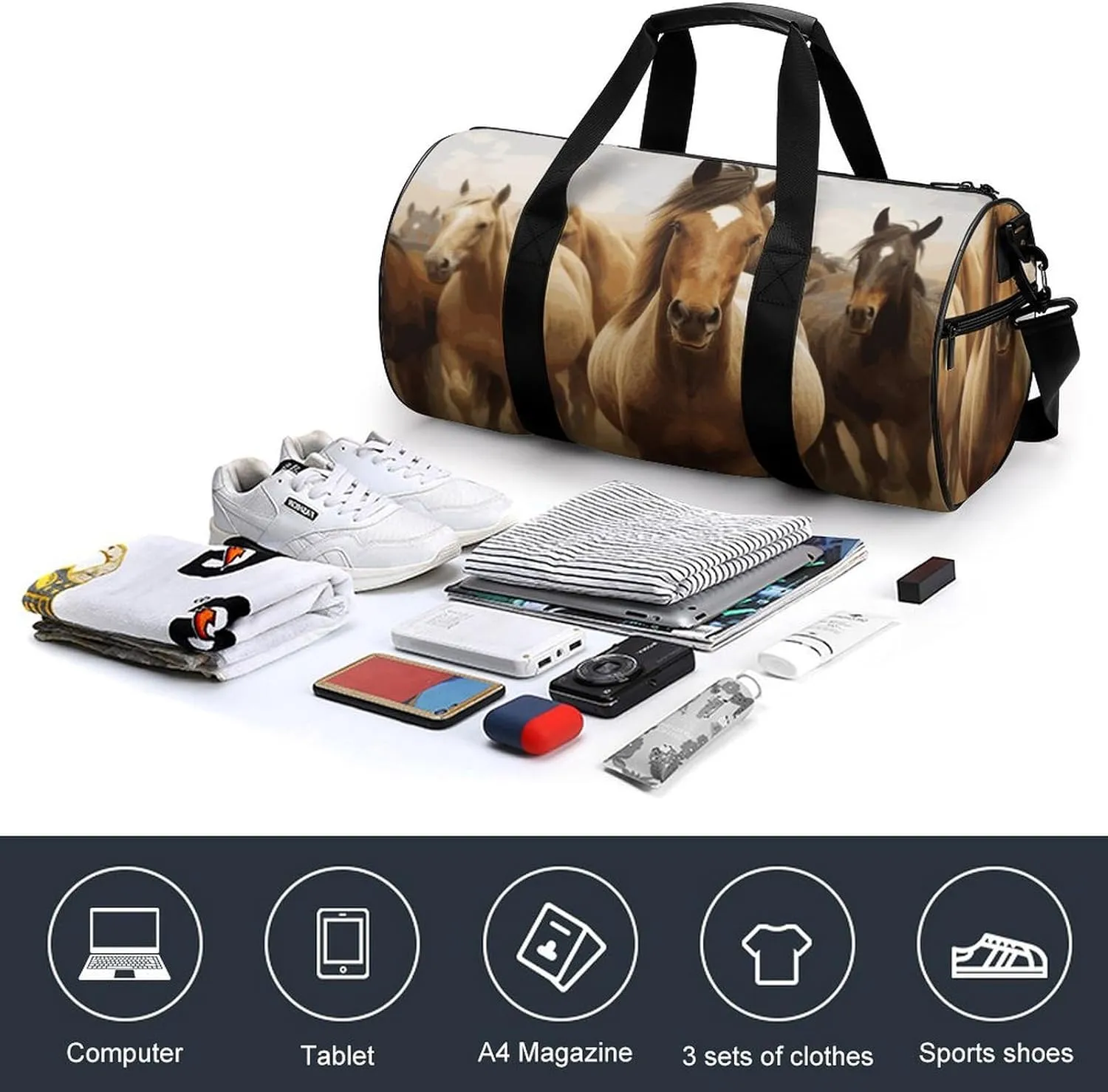 Gym Bags Small Many Horses Duffel Bag Overnight Bag with Shoe Compartment Carryon Bag for Men Women