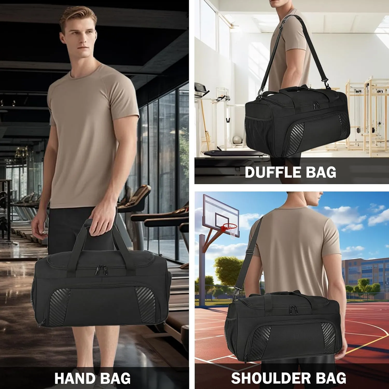 Gym Duffle Bag for Men - 22 Inch Sports Travel Duffel Bags with Shoe Compartment, Overnight Weekender Gym Carry On Luggage Bag for Sport, Camping, Fitness & Workout, Black
