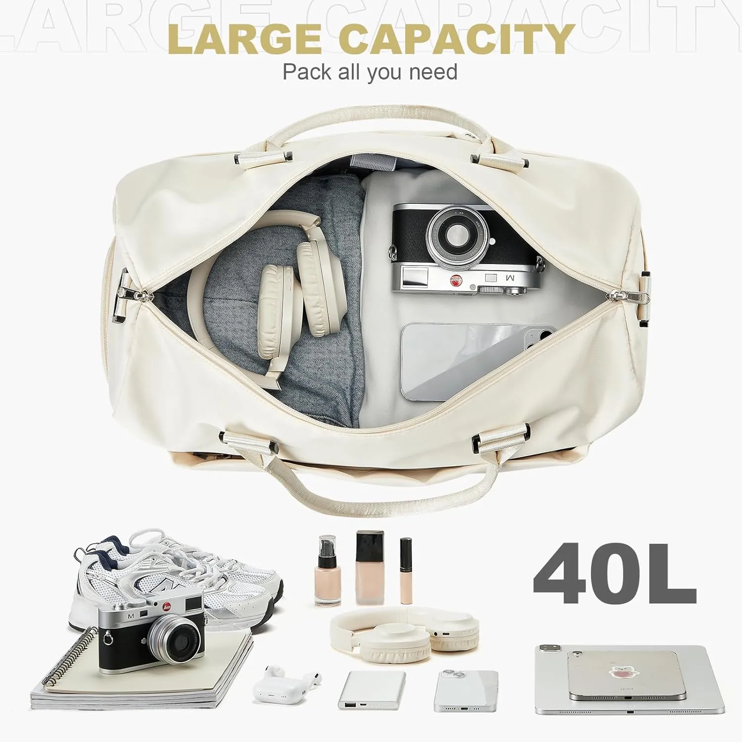 Gym Duffle Bag for Women, Mens, Sports (Beige-L, Large)