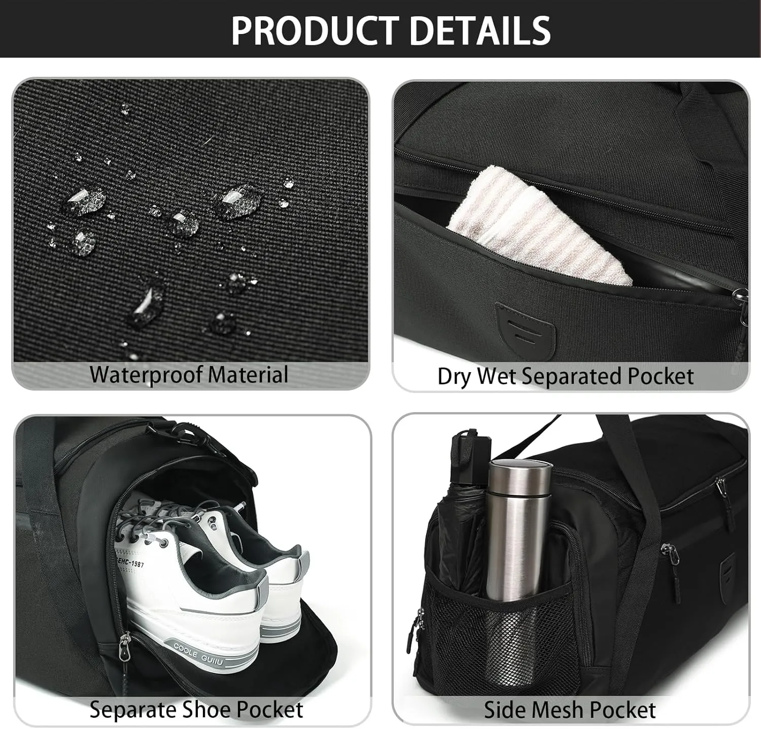 Gym Duffle Bags For Men & Women, Large Duffle Bag For Men Travel, Weekend Overnight Bag With Shoe Compartment & Wet Pocket, Water Resistant Sports Duffle Bag Gymbag A-TD-002-Black