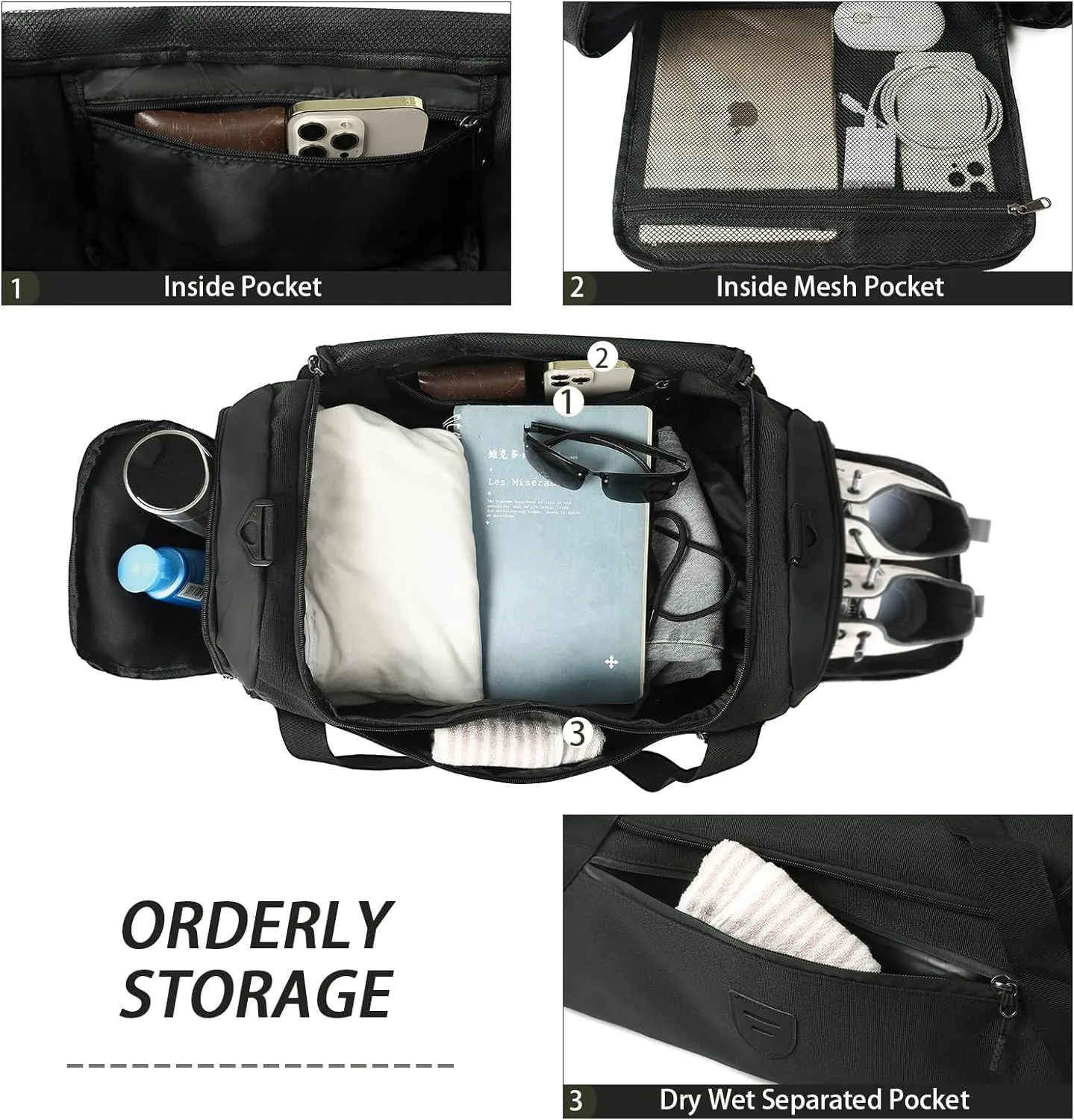 Gym Duffle Bags For Men & Women, Large Duffle Bag For Men Travel, Weekend Overnight Bag With Shoe Compartment & Wet Pocket, Water Resistant Sports Duffle Bag Gymbag A-TD-002-Black