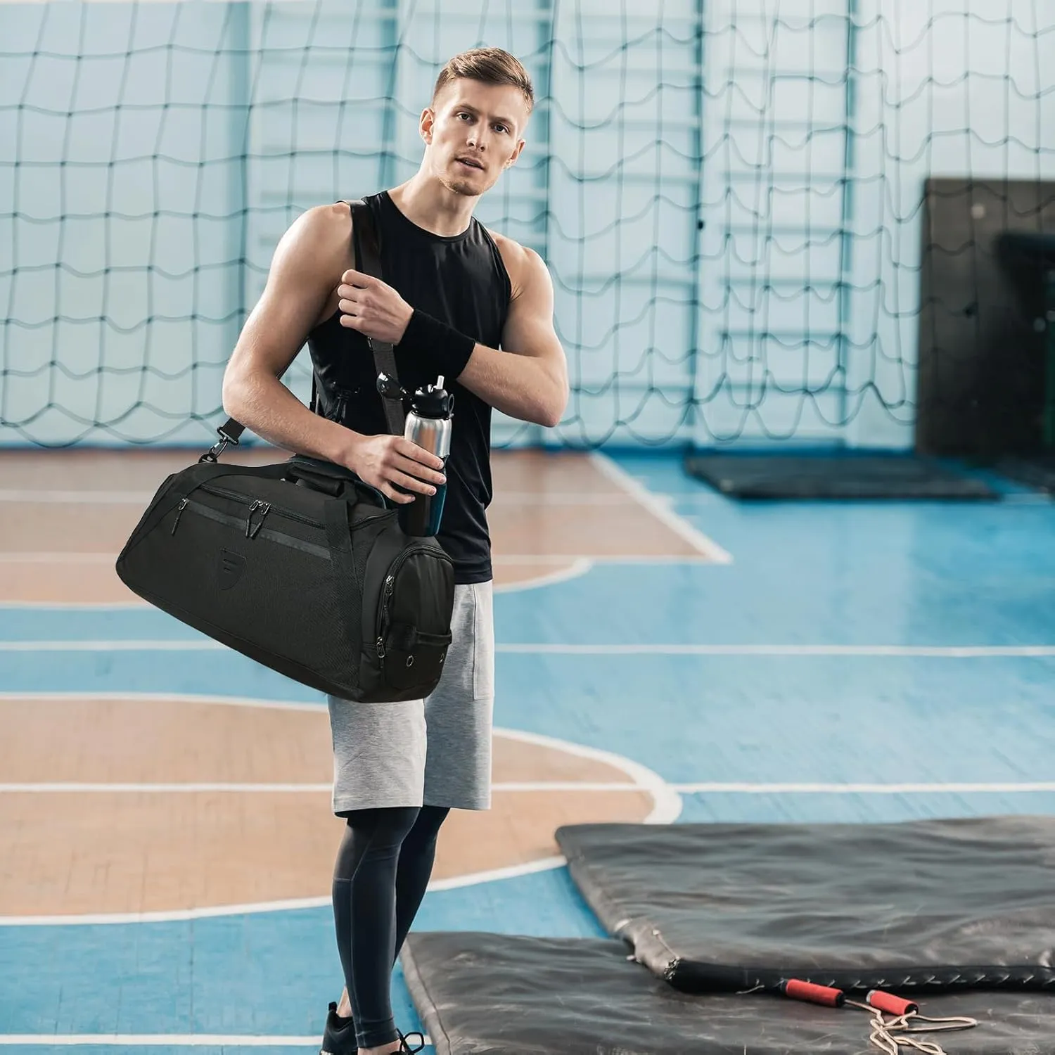 Gym Duffle Bags For Men & Women, Large Duffle Bag For Men Travel, Weekend Overnight Bag With Shoe Compartment & Wet Pocket, Water Resistant Sports Duffle Bag Gymbag A-TD-002-Black