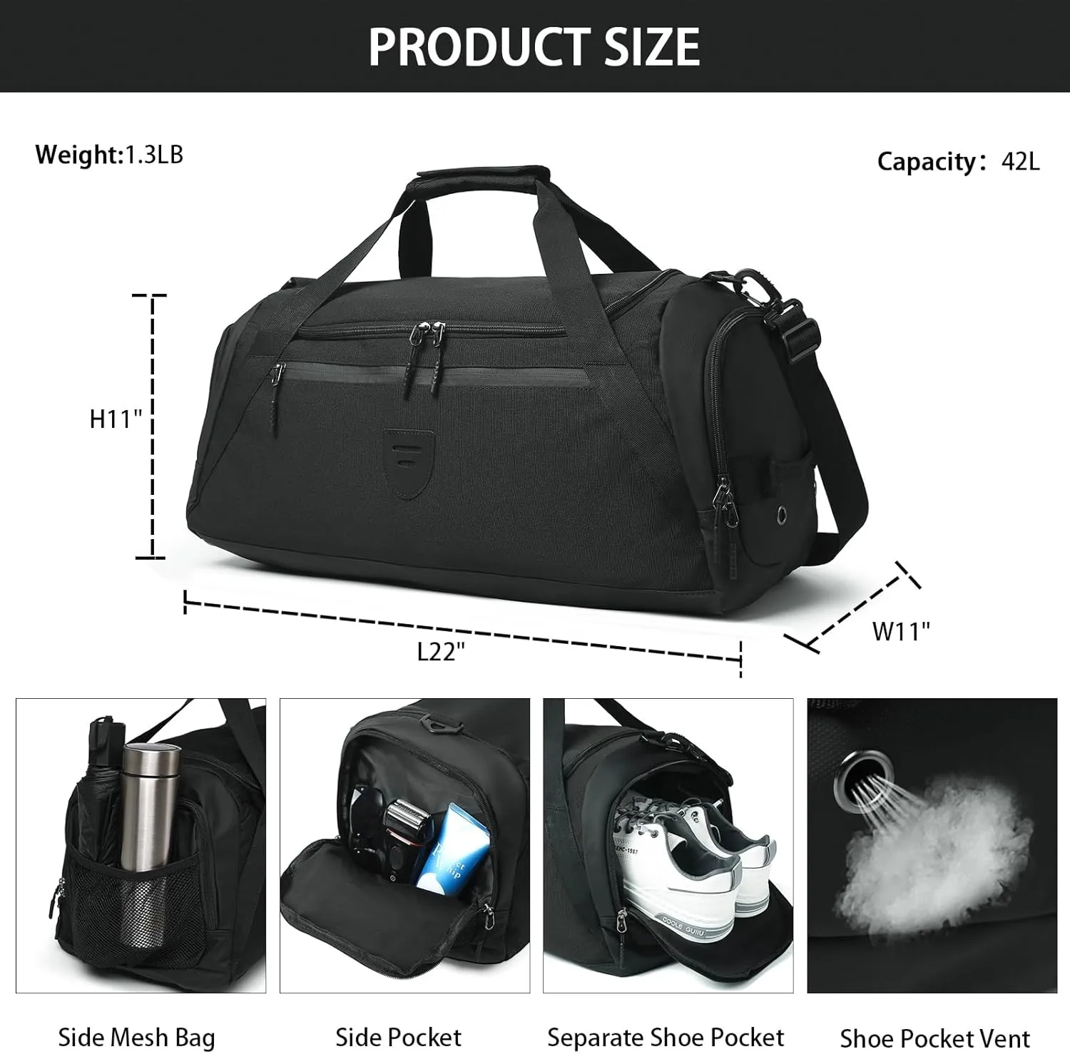Gym Duffle Bags For Men & Women, Large Duffle Bag For Men Travel, Weekend Overnight Bag With Shoe Compartment & Wet Pocket, Water Resistant Sports Duffle Bag Gymbag A-TD-002-Black
