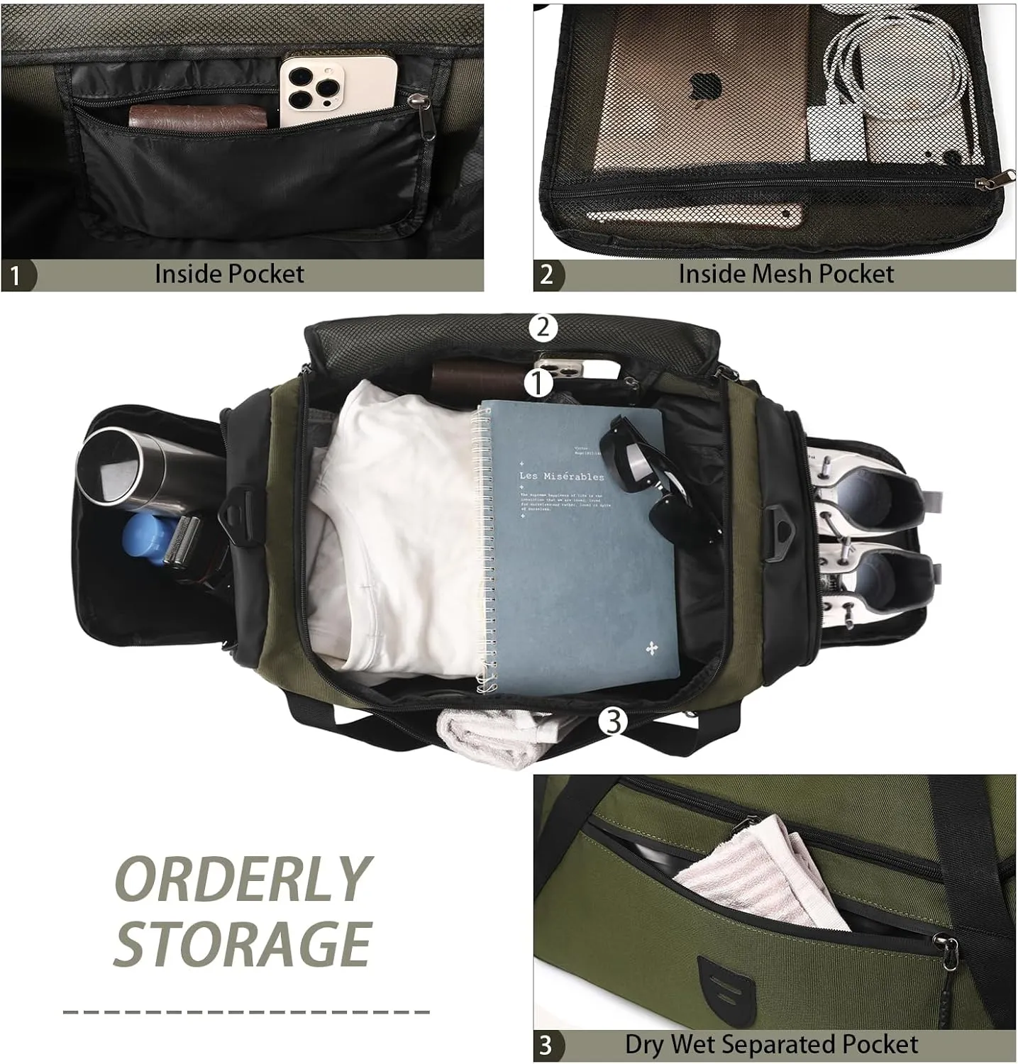 Gym Duffle Bags For Men & Women, Large Duffle Bag For Men Travel, Weekend Overnight Bag With Shoe Compartment & Wet Pocket, Water Resistant Sports Duffle Bag Gymbag A-TD-003-Green