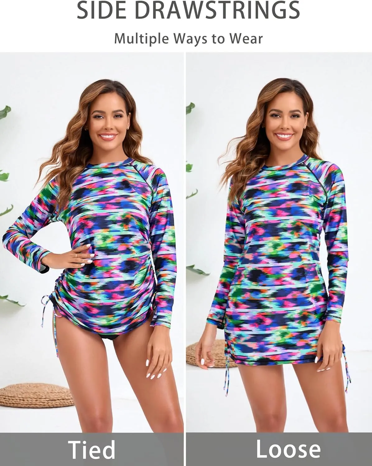 Halcurt Women's long Sleeve Rash Guard Ruched Side Drawstring Adjustable Swim Shirt UPF50 Quick Dry Swimsuit Top
