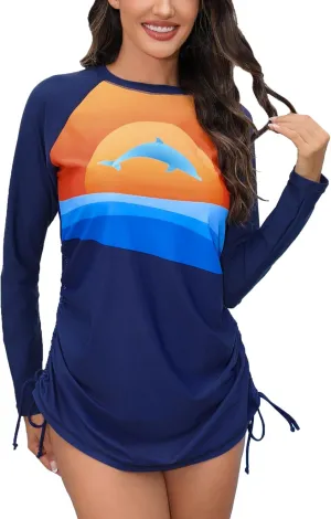 Halcurt Women's long Sleeve Rash Guard Ruched Side Drawstring Adjustable Swim Shirt UPF50 Quick Dry Swimsuit Top