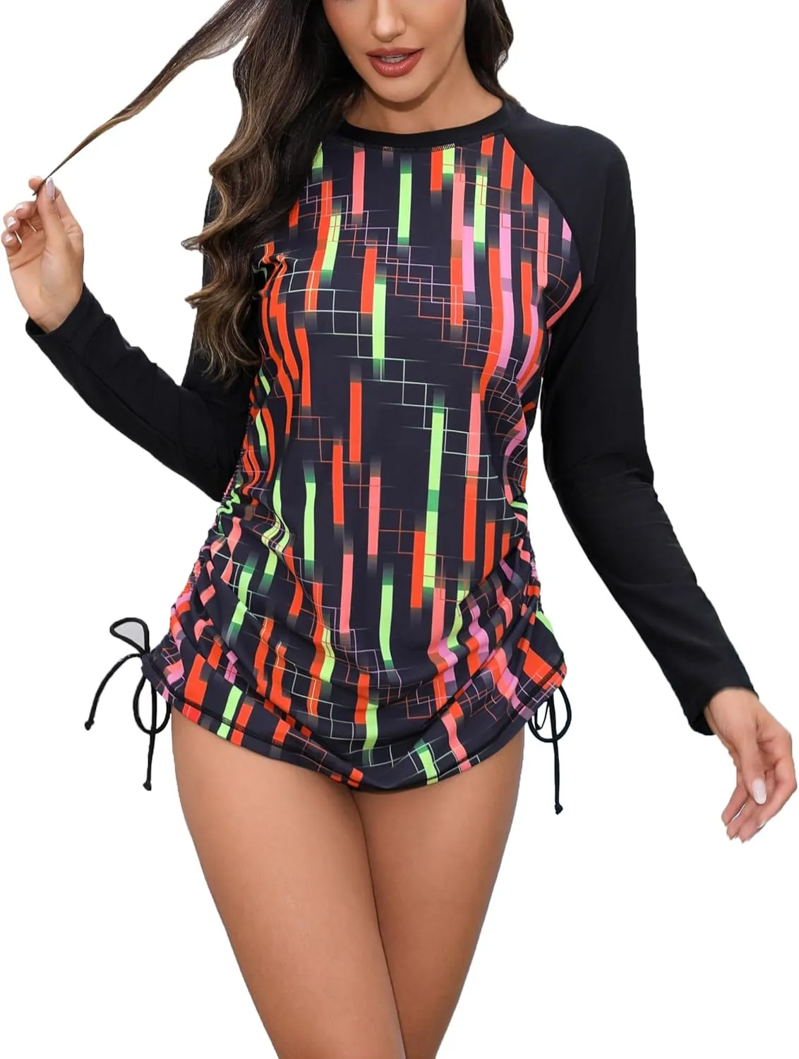 Halcurt Women's long Sleeve Rash Guard Ruched Side Drawstring Adjustable Swim Shirt UPF50 Quick Dry Swimsuit Top
