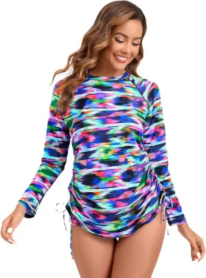 Halcurt Women's long Sleeve Rash Guard Ruched Side Drawstring Adjustable Swim Shirt UPF50 Quick Dry Swimsuit Top