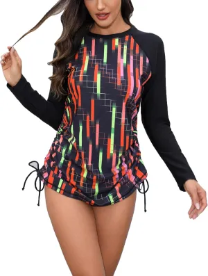 Halcurt Women's long Sleeve Rash Guard Ruched Side Drawstring Adjustable Swim Shirt UPF50 Quick Dry Swimsuit Top