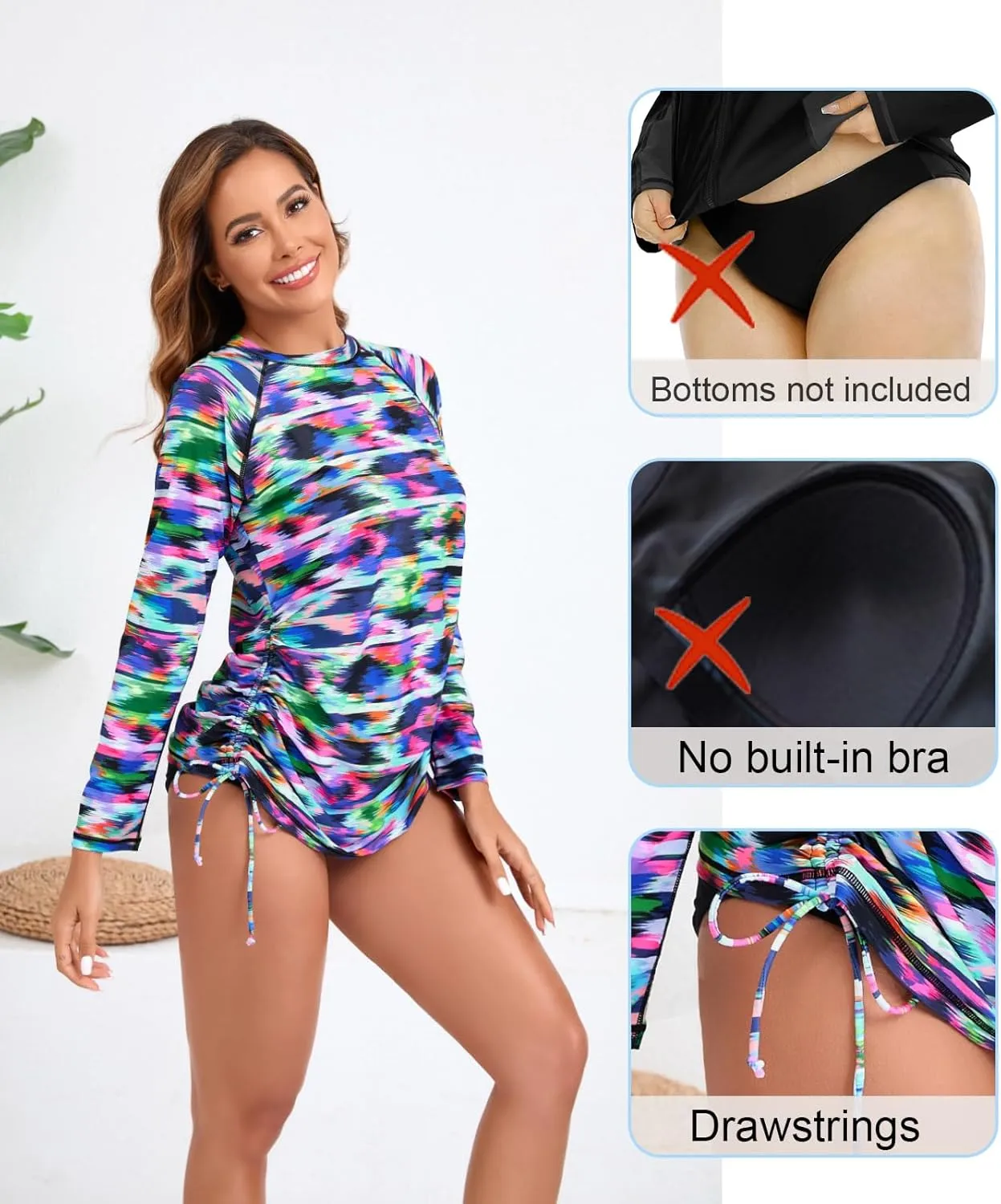 Halcurt Women's long Sleeve Rash Guard Ruched Side Drawstring Adjustable Swim Shirt UPF50 Quick Dry Swimsuit Top