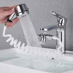 Hand Shower Sink Hose Sprayer,Shampoo Sink Hose Sprayer Attachment,Faucet Extension Tubes, Chrome, Adjustable Mode,Copper Valve Adapter,No Drilling Support
