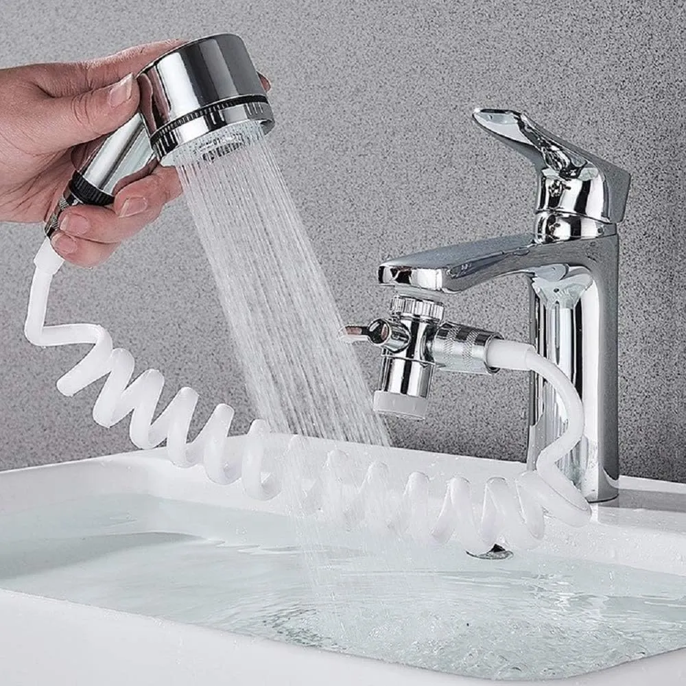 Hand Shower Sink Hose Sprayer,Shampoo Sink Hose Sprayer Attachment,Faucet Extension Tubes, Chrome, Adjustable Mode,Copper Valve Adapter,No Drilling Support