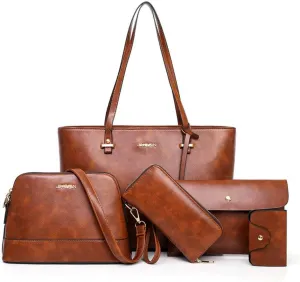 Handbag Set for Women 5 Pack Tote Purse Handbags Set PU Leather Satchel Bag