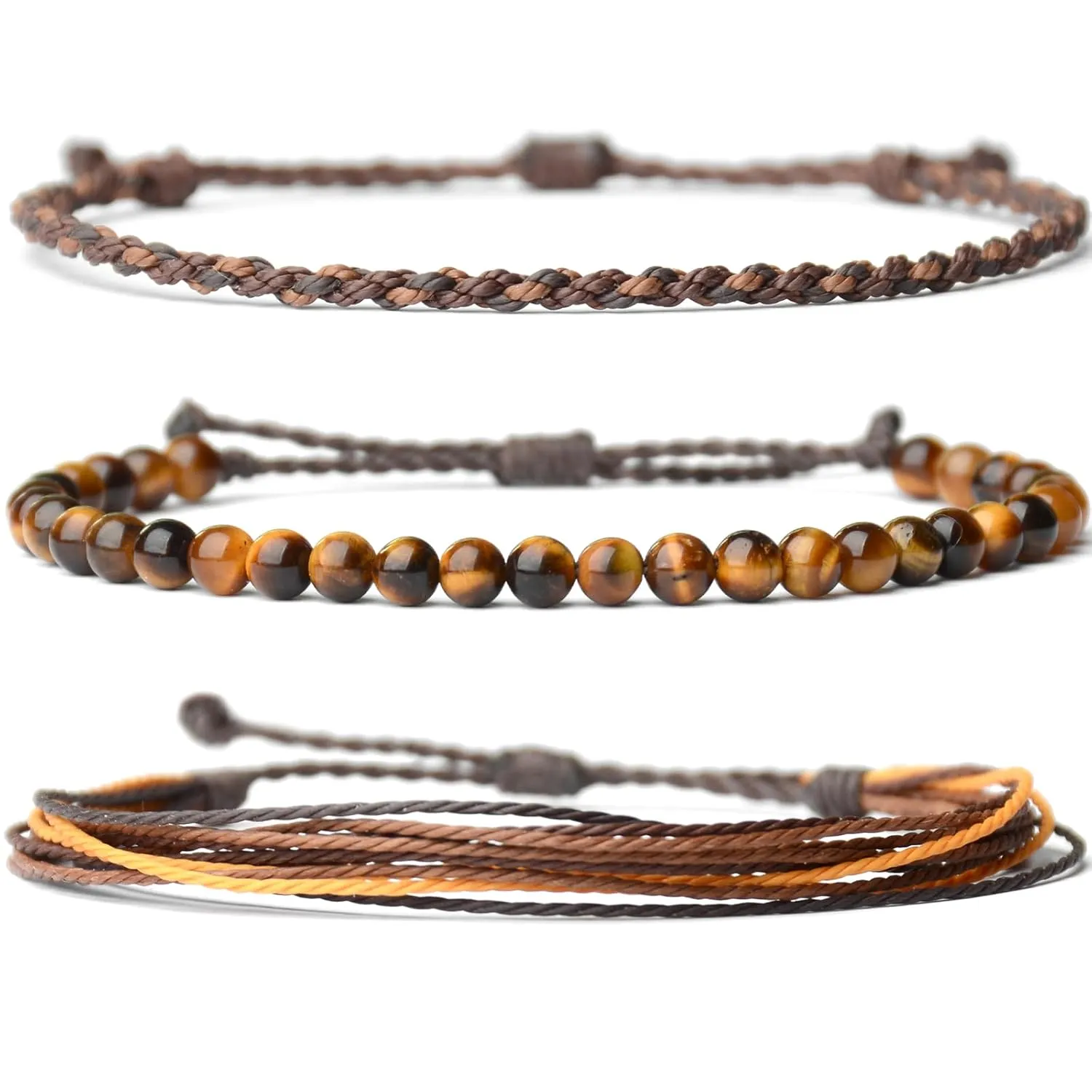 Handmade Natural Stone Beaded Healing Bracelet Gift for Men Adjustable Rope String Bracelet (Tiger Eye（Bright）, Adjustable)