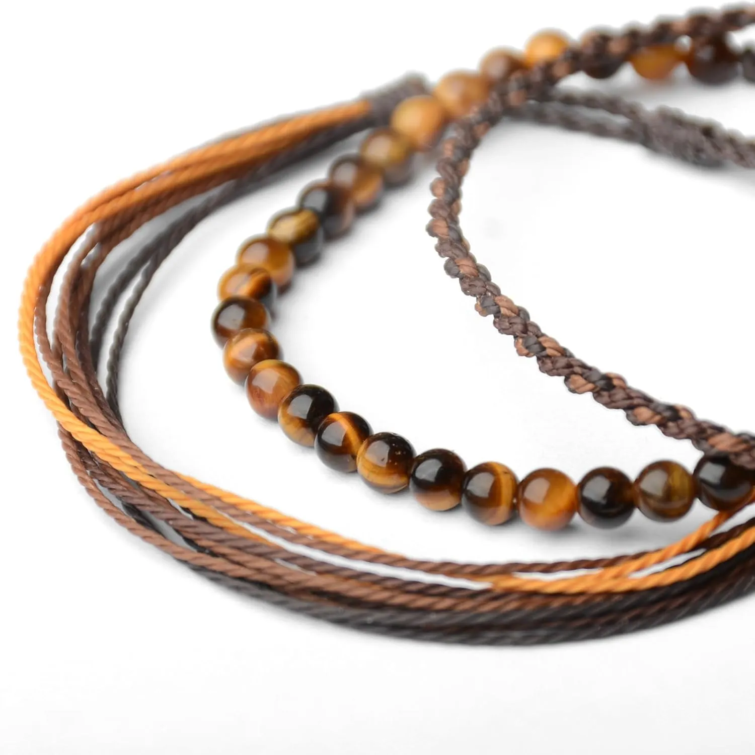 Handmade Natural Stone Beaded Healing Bracelet Gift for Men Adjustable Rope String Bracelet (Tiger Eye（Bright）, Adjustable)