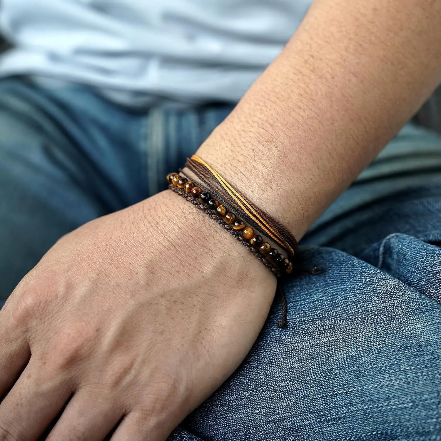 Handmade Natural Stone Beaded Healing Bracelet Gift for Men Adjustable Rope String Bracelet (Tiger Eye（Bright）, Adjustable)