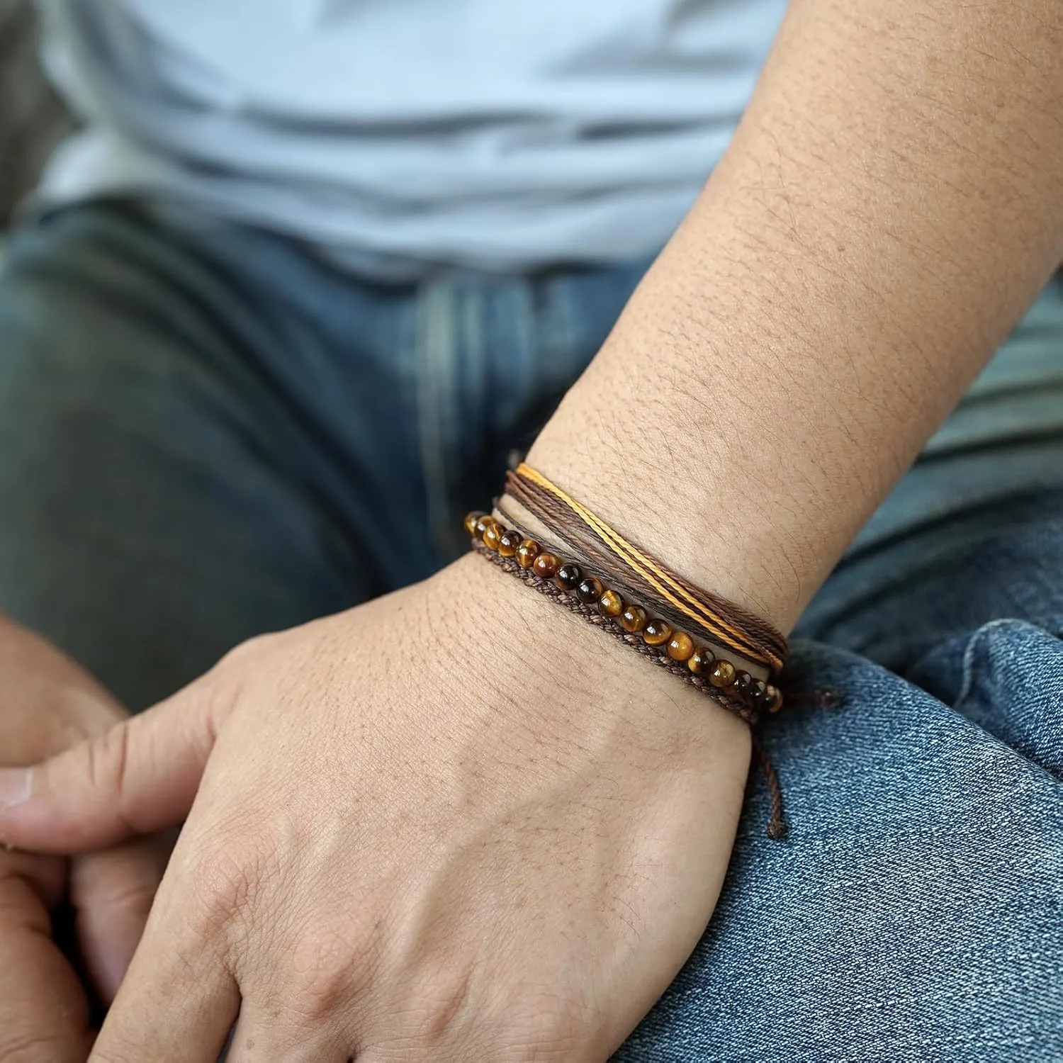 Handmade Natural Stone Beaded Healing Bracelet Gift for Men Adjustable Rope String Bracelet (Tiger Eye（Bright）, Adjustable)