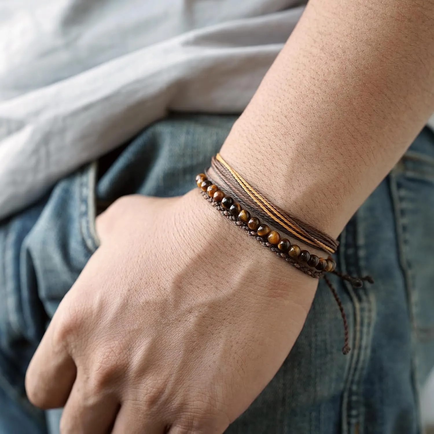Handmade Natural Stone Beaded Healing Bracelet Gift for Men Adjustable Rope String Bracelet (Tiger Eye（Bright）, Adjustable)