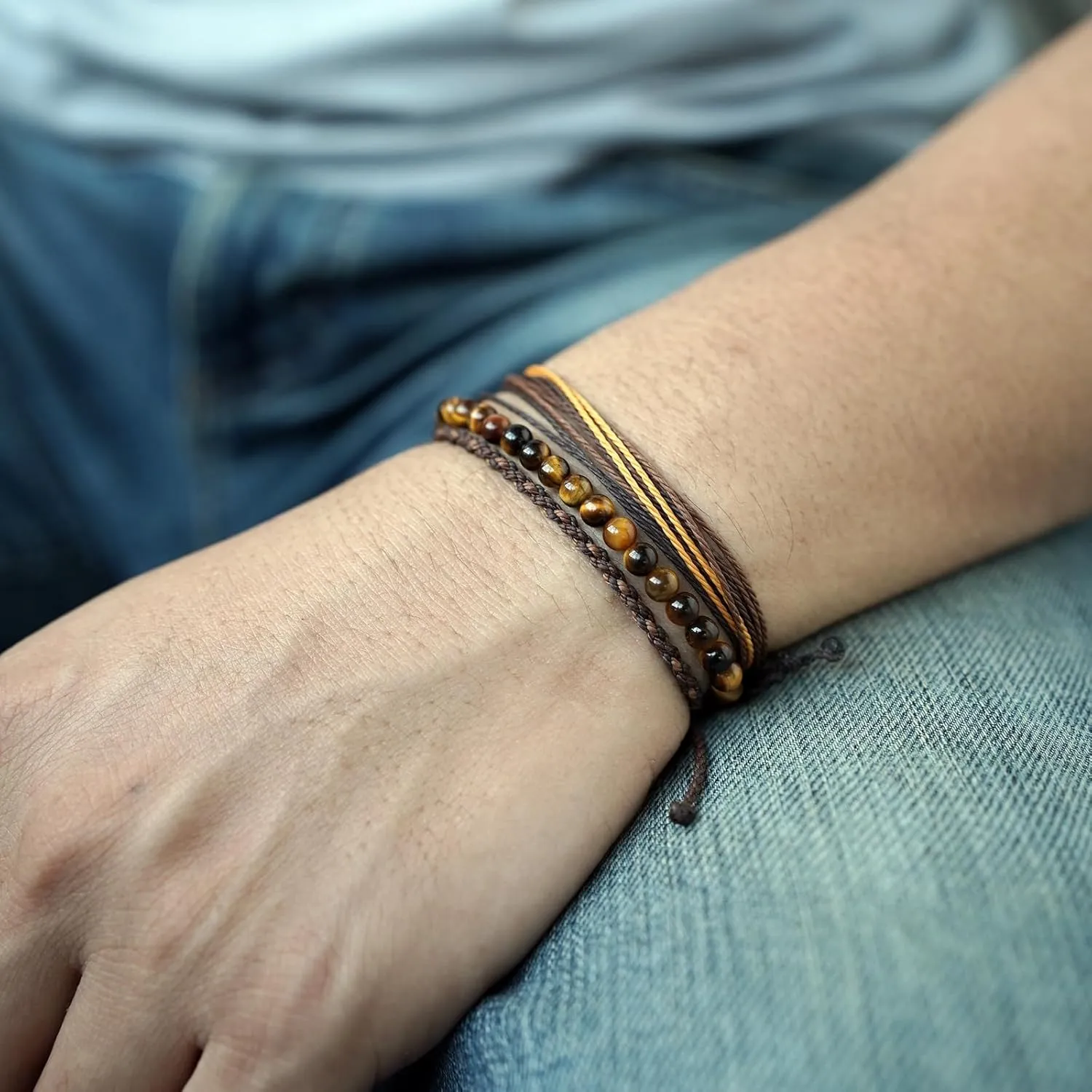 Handmade Natural Stone Beaded Healing Bracelet Gift for Men Adjustable Rope String Bracelet (Tiger Eye（Bright）, Adjustable)