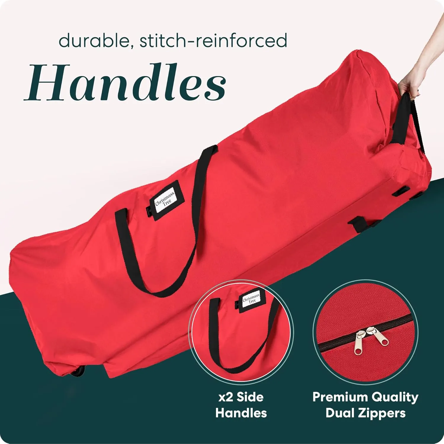 Handy Laundry Rolling Tree Storage Bag - For 7.5-Foot Artificial Christmas Holiday Tree. Zippered Bag, Carry Handles and Wheels for Easy Transport, Protects Against Dust, Insects, and Moisture (Red)