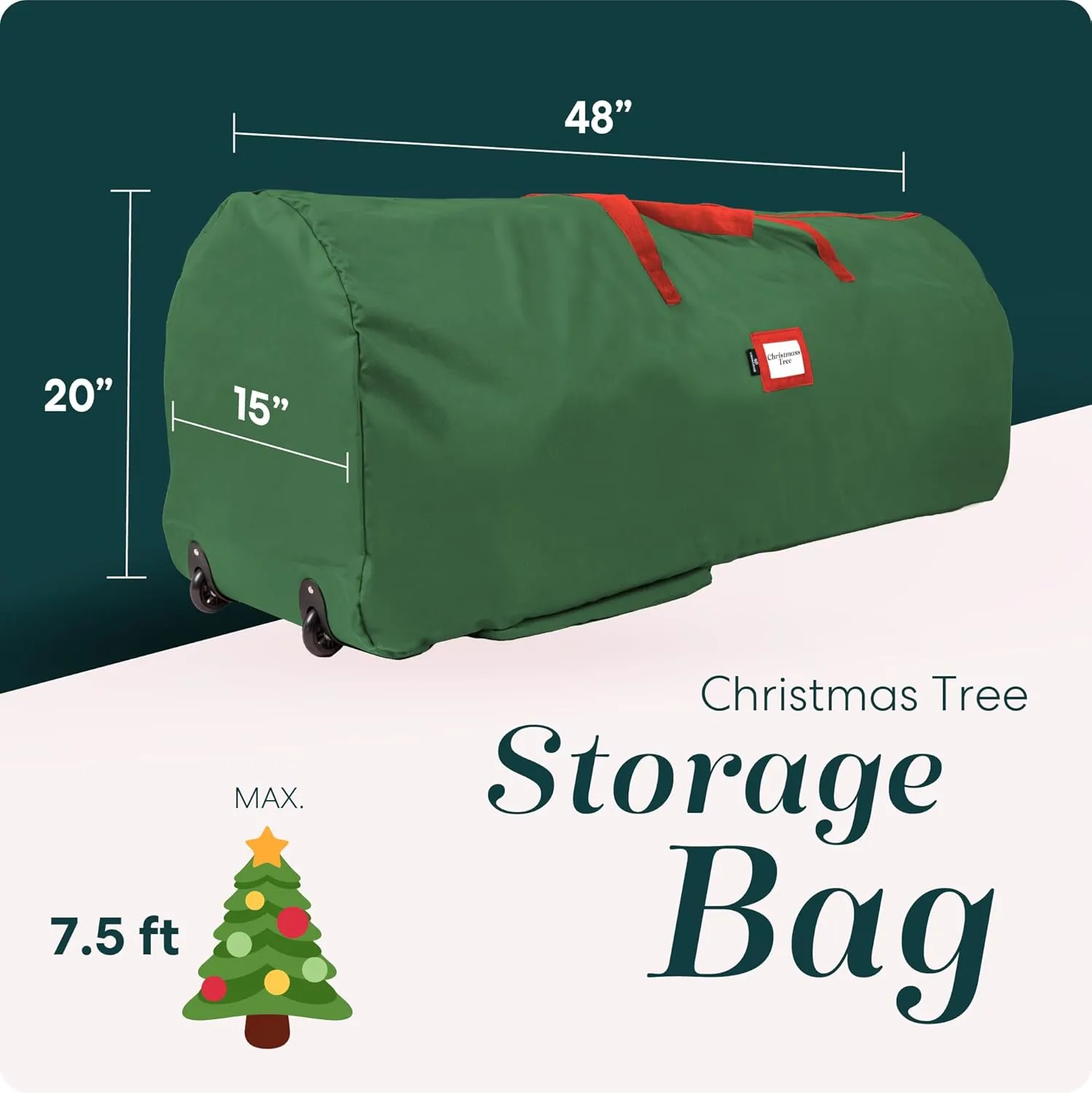 Handy Laundry Rolling Tree Storage Bag - For 7.5-Foot Artificial Christmas Holiday Tree, Zippered Bag, Carry Handles, Wheels for Easy Transport - Protects Against Dust, Insects, and Moisture (Green)