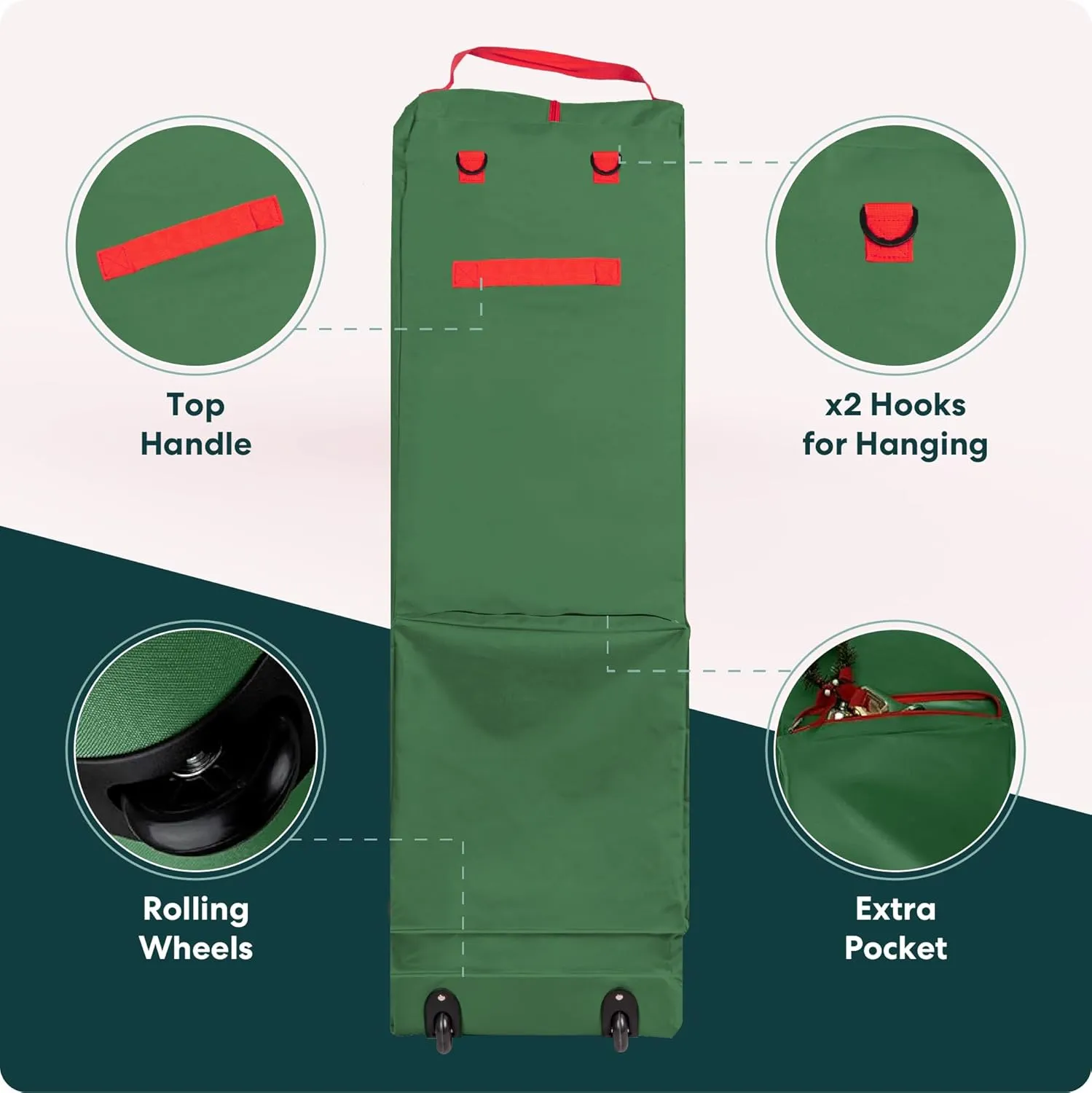 Handy Laundry Rolling Tree Storage Bag - For 7.5-Foot Artificial Christmas Holiday Tree, Zippered Bag, Carry Handles, Wheels for Easy Transport - Protects Against Dust, Insects, and Moisture (Green)