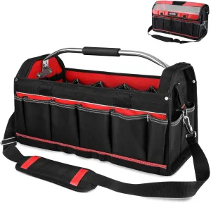 HAUTMEC 20" Heavy-Duty Tool Tote Bag with Waterproof & Dustproof Cover, 1680D Open Top Tool Bag with Rotating Handle, Level Holder and Adjustable Shoulder Strap – HT0296