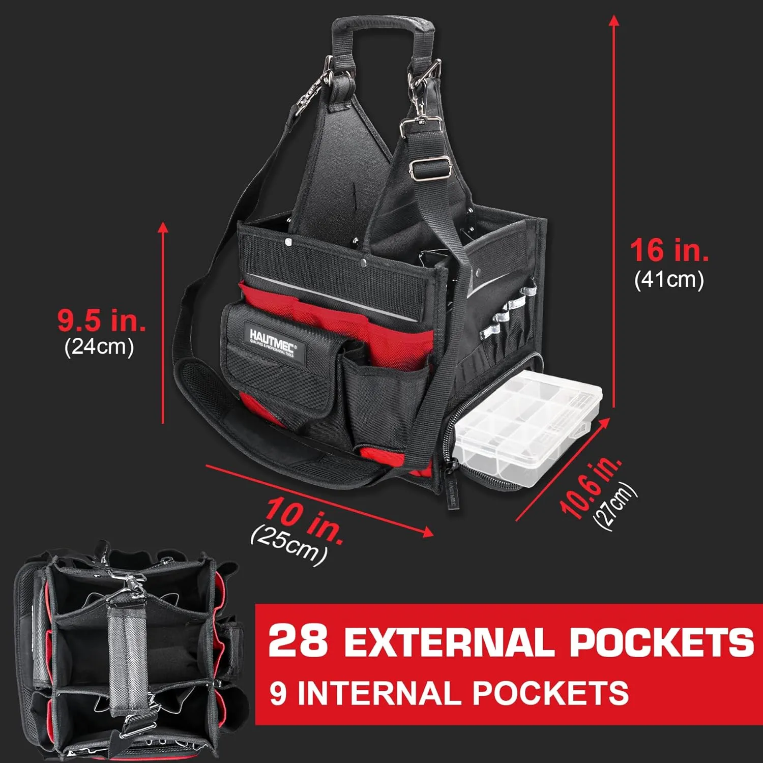 HAUTMEC Electrician Tool Bag with Parts Tray, Heavy-Duty 37-Pocket Open Top Tool Tote, Reinforced Base, Water-Resistant, Adjustable Shoulder Strap – HT0174