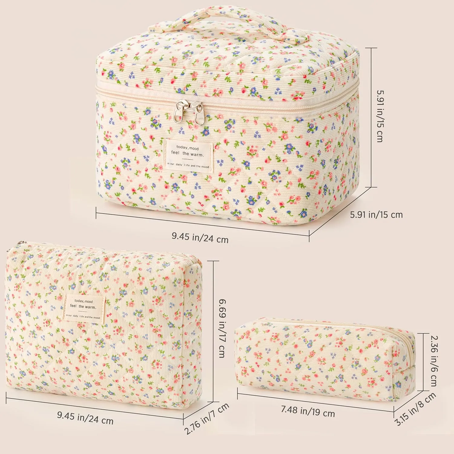 HBselect Quilted Makeup Bag, 3PCS Cotton Large Travel Makeup Bag, Cute Floral Coquette Make up Bag Cosmetic Bag Toiletry Bag for Women Girls