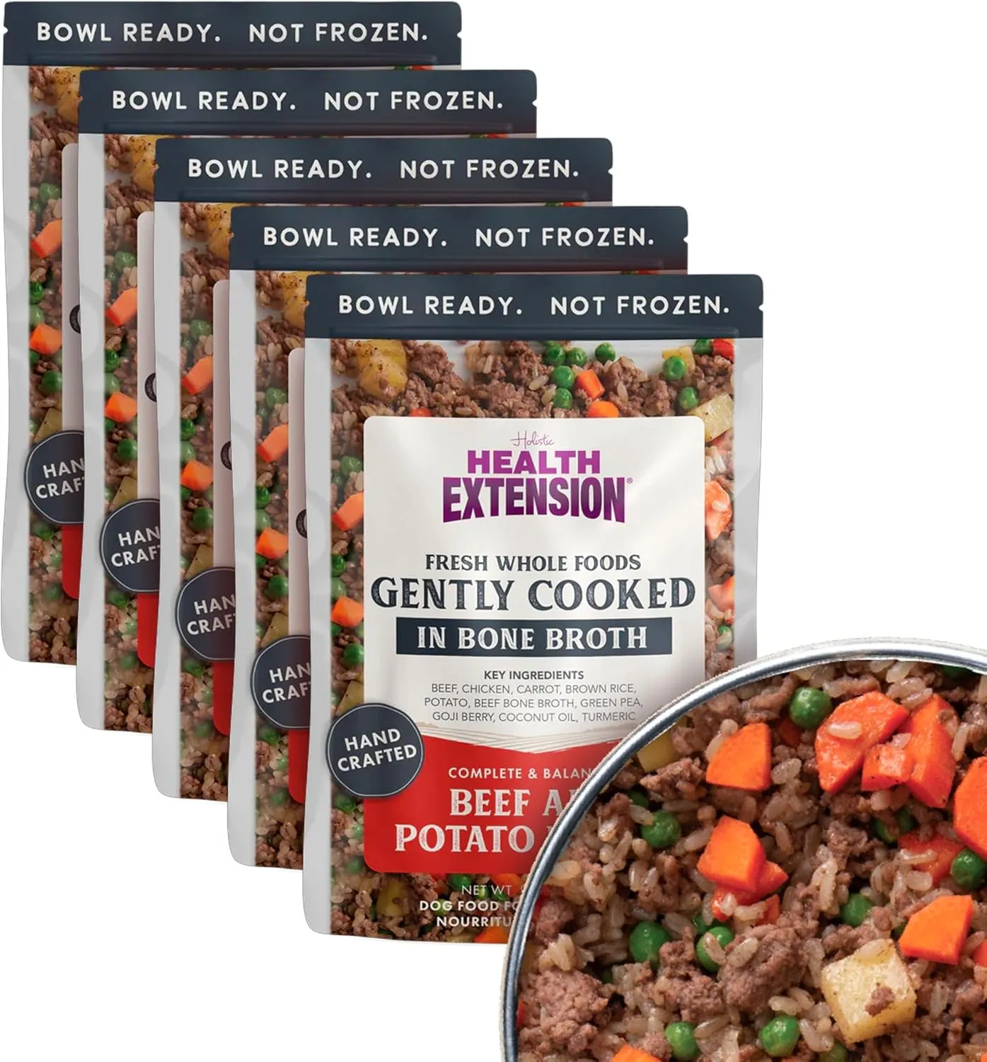 Health Extension Gently Cooked Beef & Potato Dog Food, (9 oz, 255 g) – Bowl Ready with Bone Broth, Omega-3s & Superfoods for All Life Stages (Case of 5 Pouches)