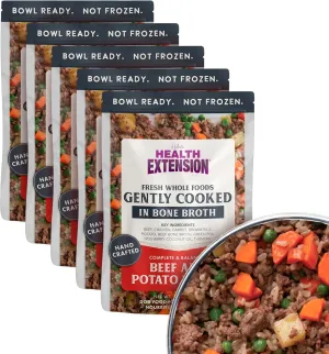 Health Extension Gently Cooked Beef & Potato Dog Food, (9 oz, 255 g) – Bowl Ready with Bone Broth, Omega-3s & Superfoods for All Life Stages (Case of 5 Pouches)