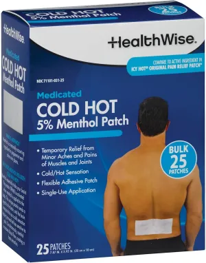HealthWise Cold Hot Medicated Menthol Patch | 5% Menthol | Back and Large Areas | 7.87” x 3.93” | 25-Count | Paraben-Free | Soothes Minor Aches and Pains
