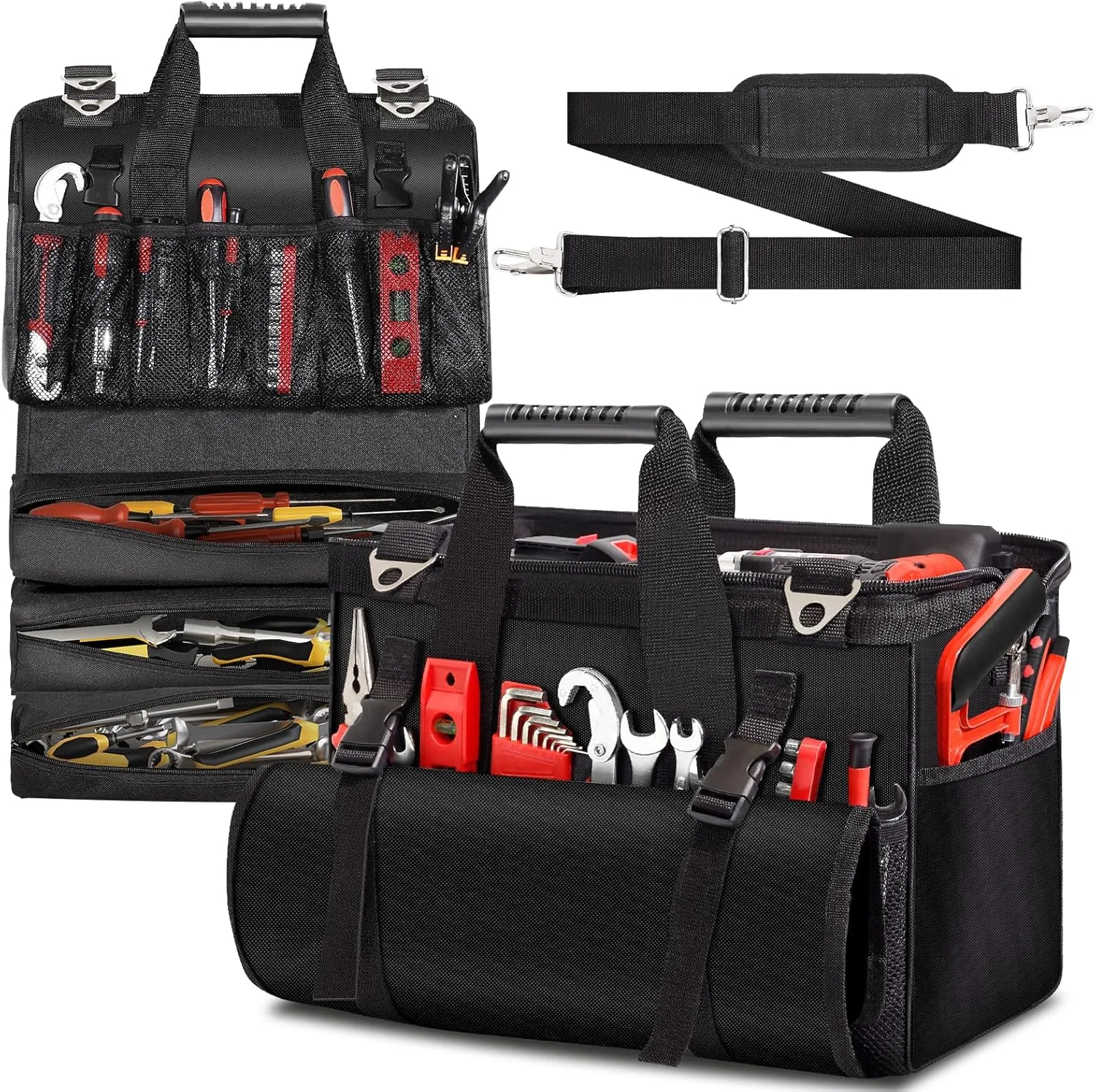 Heavy Duty Tool Bag 17-Inch, 27-Pocket Tool Tote with Tool Roll Bag & Adjustable Shoulder Strap, Large Portable Tool Bags Organizer and Storage for Men Women, Birthday Father's Day Gifts for Dad