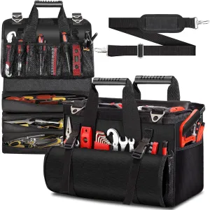 Heavy Duty Tool Bag 17-Inch, 27-Pocket Tool Tote with Tool Roll Bag & Adjustable Shoulder Strap, Large Portable Tool Bags Organizer and Storage for Men Women, Birthday Father's Day Gifts for Dad