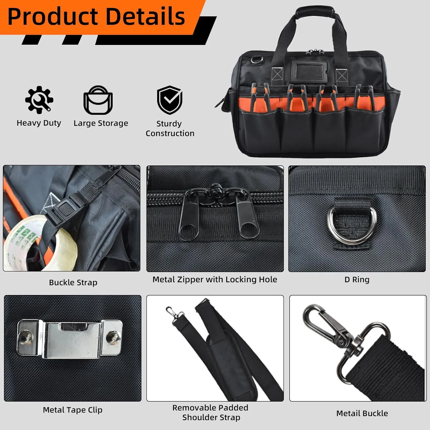 Heavy Duty Tool Bag 17-Inch, Portable HVAC Electrician Tool Bag with 30-Pockets, Large Open TopTool Box Organizer for Men Wide Mouth with Waterproof Rubber Base