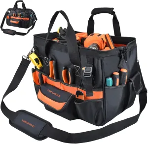 Heavy Duty Tool Bag 17-Inch, Portable HVAC Electrician Tool Bag with 30-Pockets, Large Open TopTool Box Organizer for Men Wide Mouth with Waterproof Rubber Base